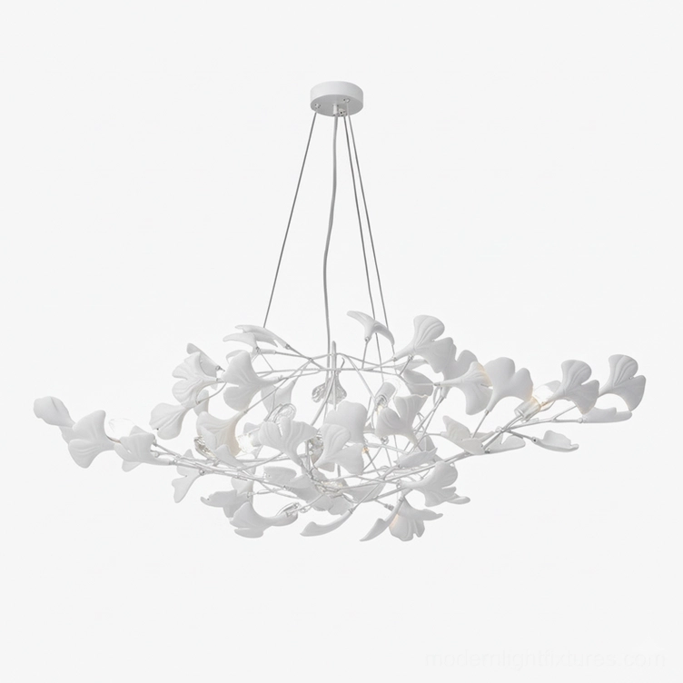 Modern ginkgo leaf ceramic chandelier - white metal frame with white ceramic leaves in contemporary living space
