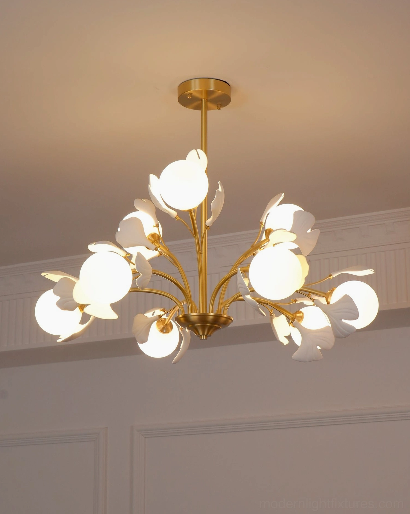 Ginkgo chandelier white frosted shade and brass combination, color finish detail view