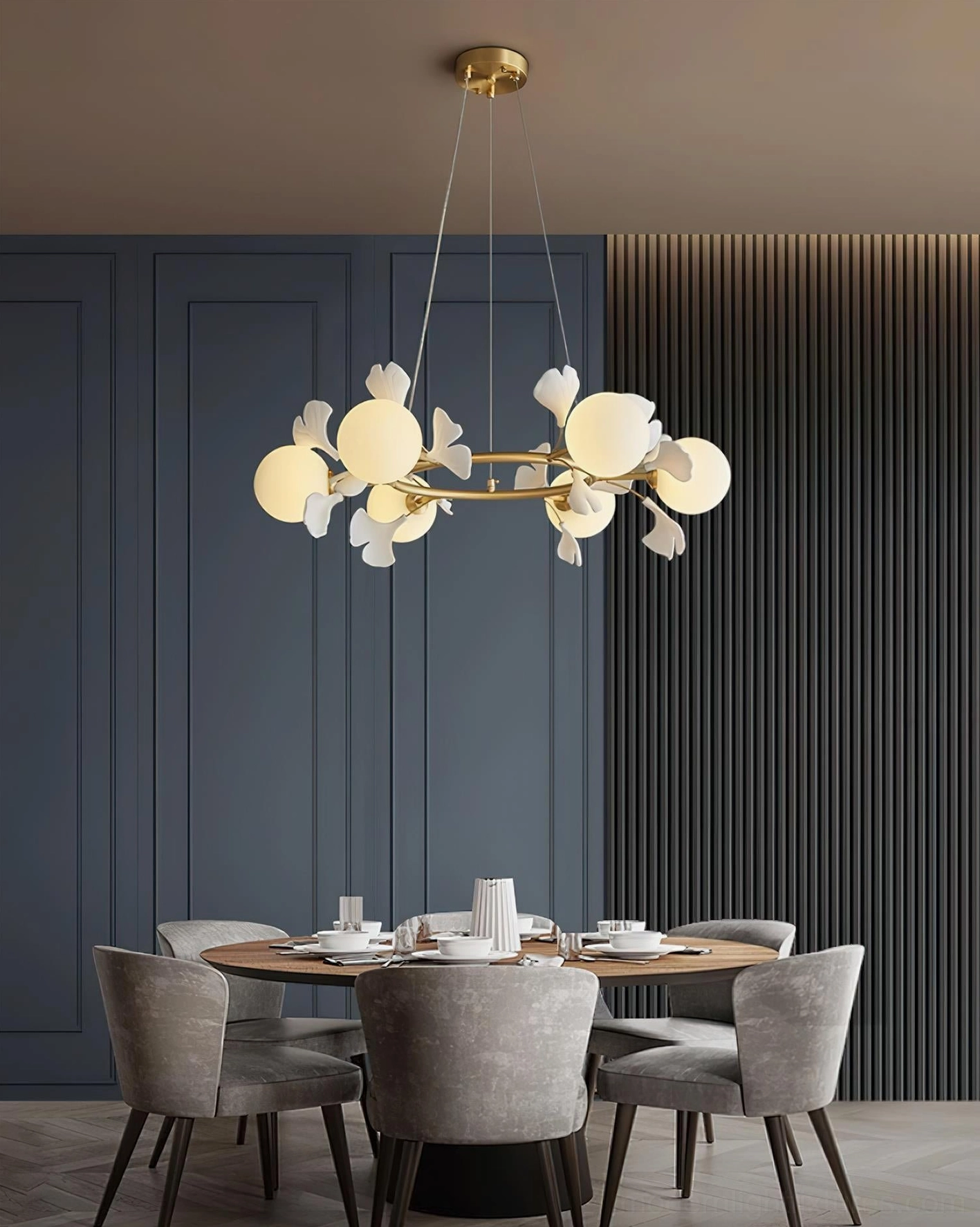 Ginkgo leaf chandelier brass ring pendant contemporary interior lighting