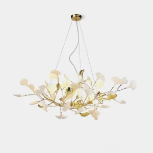 Modern white ceramic ginkgo leaf chandelier with gold metal frame against pure white background - modern pendant light fixture