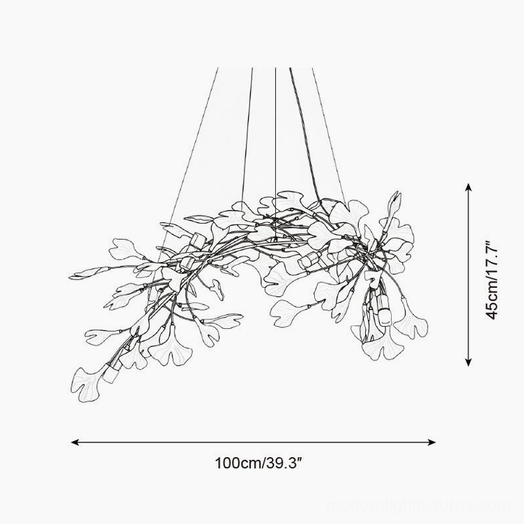Ginkgo leaf chandelier design blueprint showing 100cm length and 45cm height dimensions
