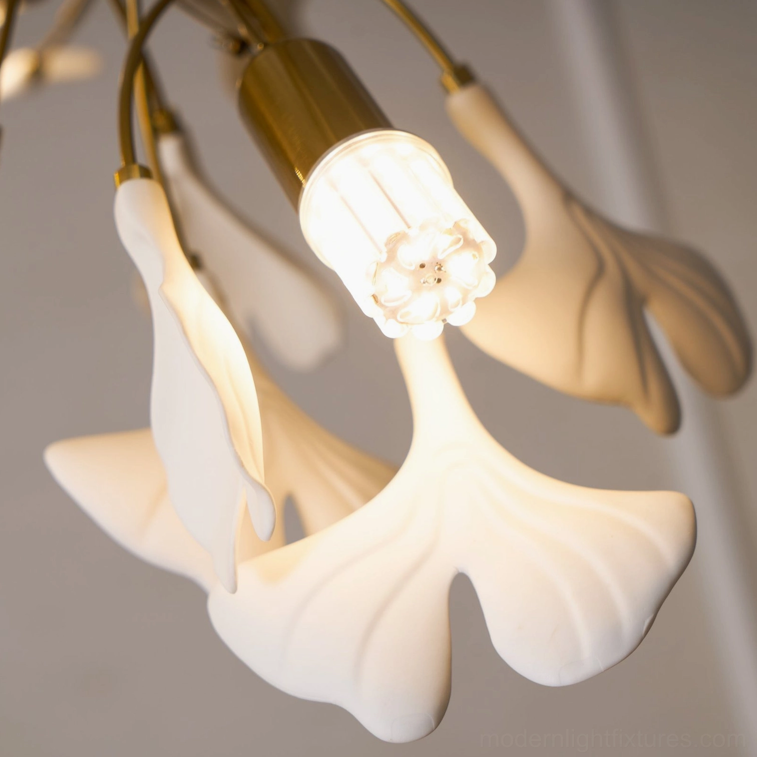 Ginkgo leaf pendant chandelier 100cm size front studio view with gold metal finish