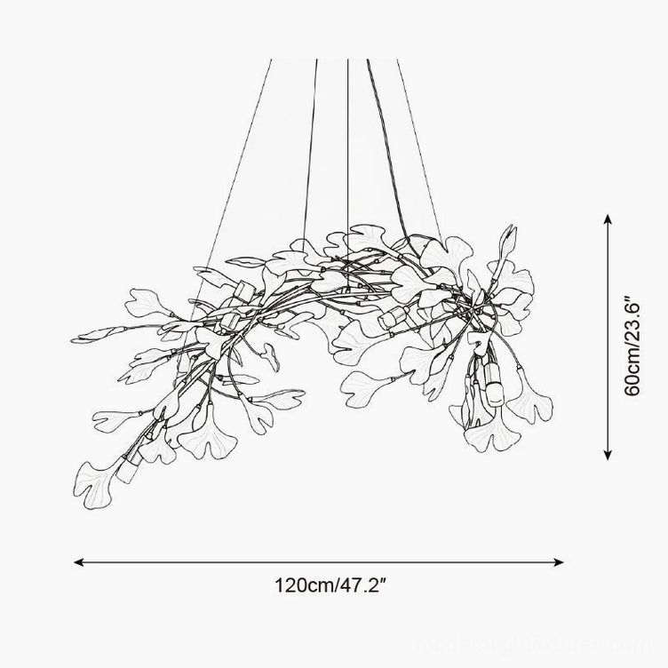 Ginkgo leaf chandelier technical design sketch with 120cm length and 60cm height specifications
