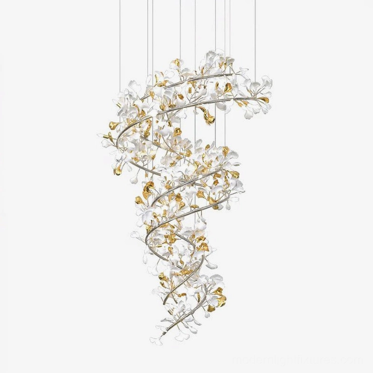 Large ginkgo leaf crystal chandelier 150cm size with white ceramic body and gold leaf elements luxury lighting fixture