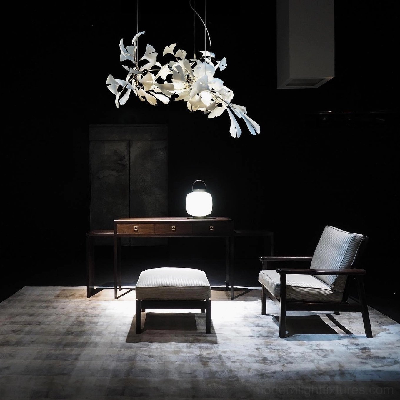 Ginkgo leaf ceramic chandelier with adjustable metal branches in botanical arrangement