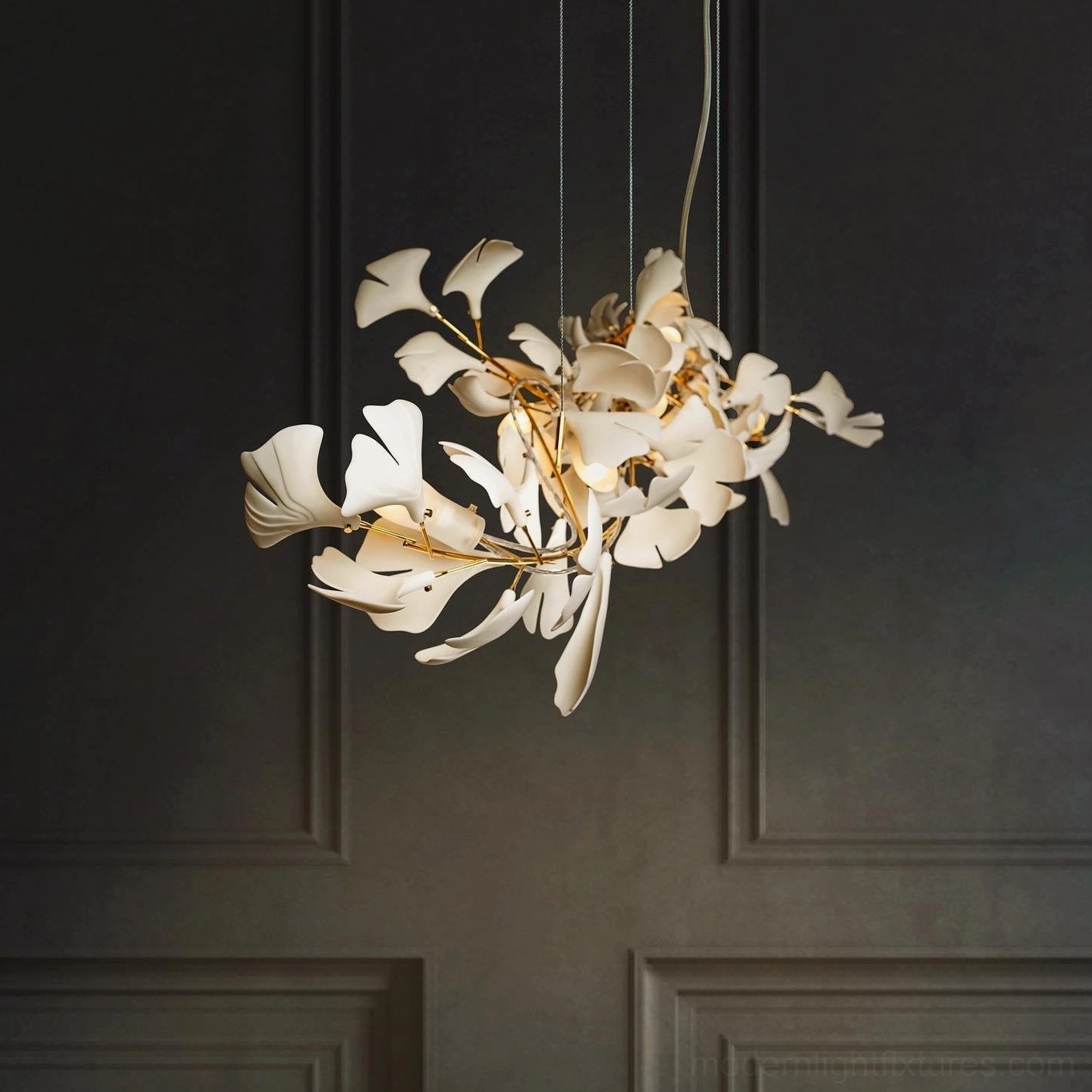 Ginkgo leaf chandelier botanical pendant light fixture detail view showing ceramic leaf texture and natural venation patterns