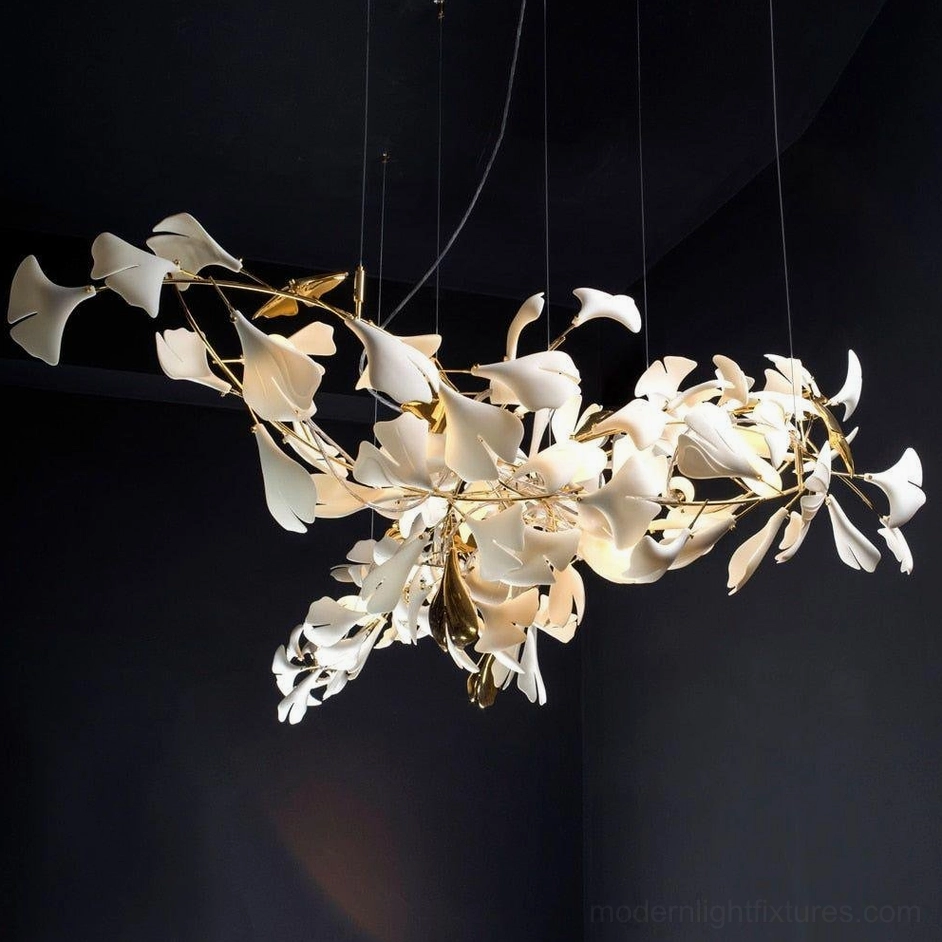 Ginkgo leaf chandelier leaf detail showing hand-finished ceramic craftsmanship and natural texture finish