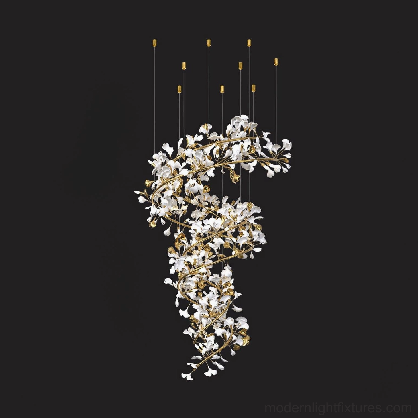 Ginkgo leaf chandelier close-up showing individual ceramic leaf texture and gold metal branch construction quality