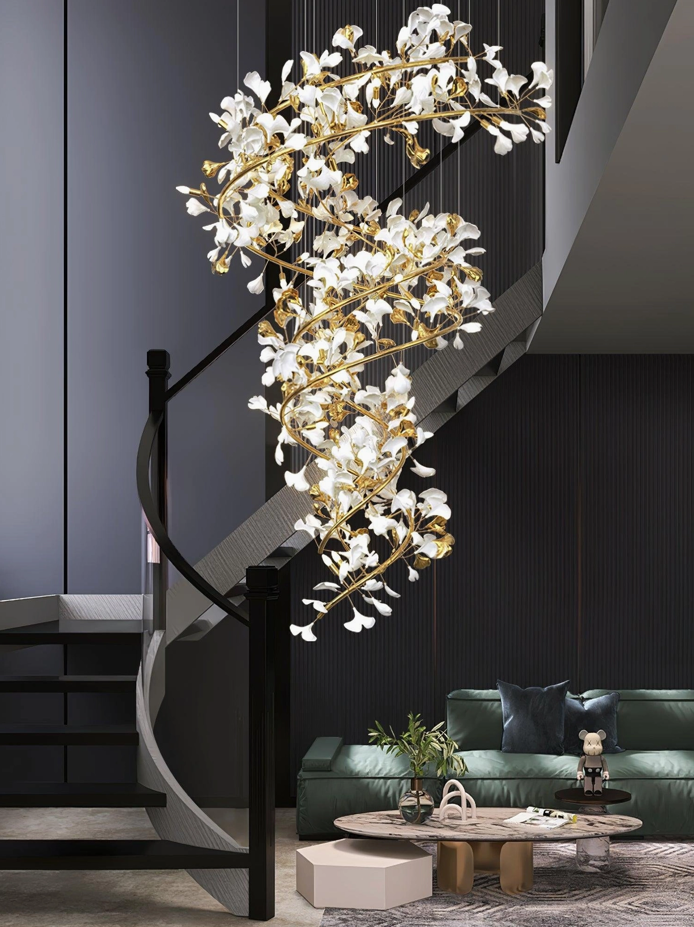 Complete ginkgo leaf chandelier fixture showing full spiral vine structure with multiple ceramic ginkgo leaves and metal branches
