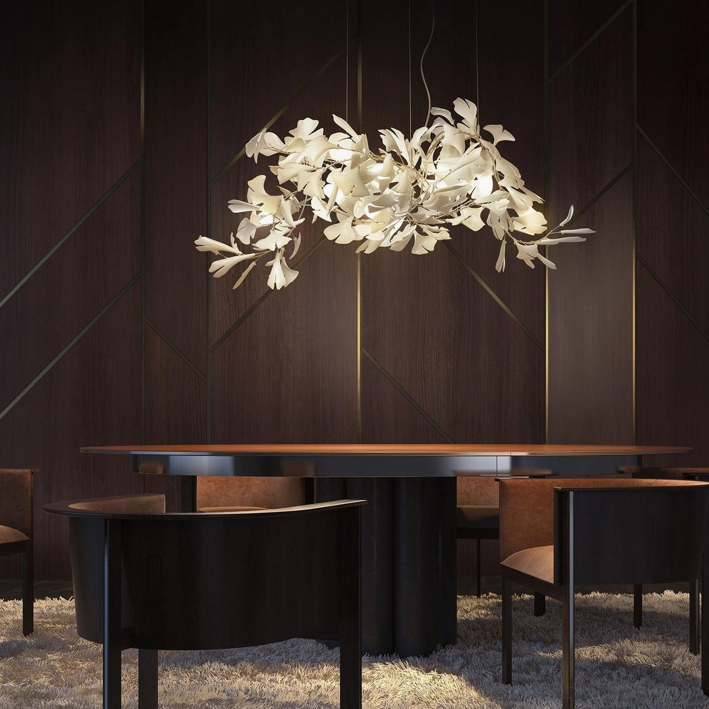 Modern ginkgo leaf pendant chandelier in minimalist contemporary interior space