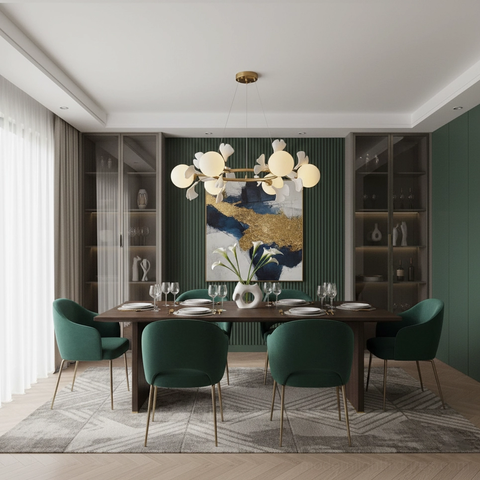 Contemporary ginkgo leaf chandelier hanging in luxury dining room modern setting