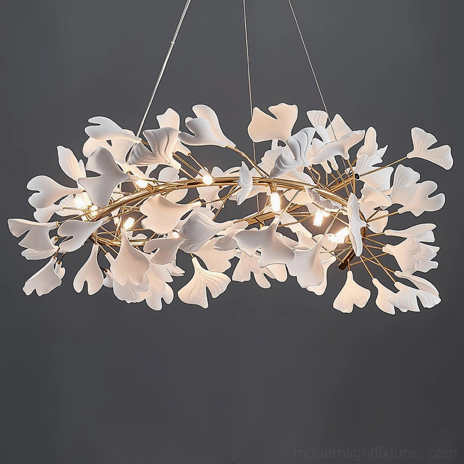 Ginkgo leaf chandelier in various finish options - gold, white, and nickel frame