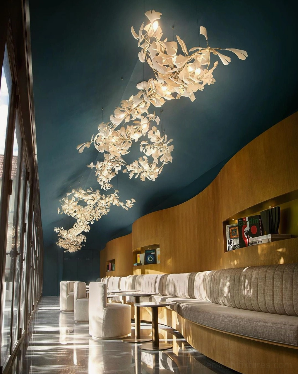 Ginkgo leaf chandelier flexible branch system showing adjustable positioning and customization options