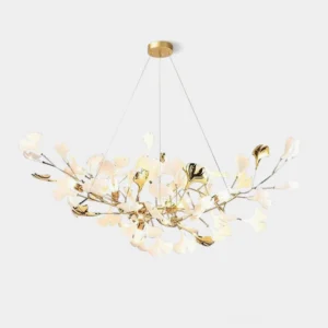 Ginkgo leaf chandelier front view with white ceramic leaves and gold metal branches on studio white background