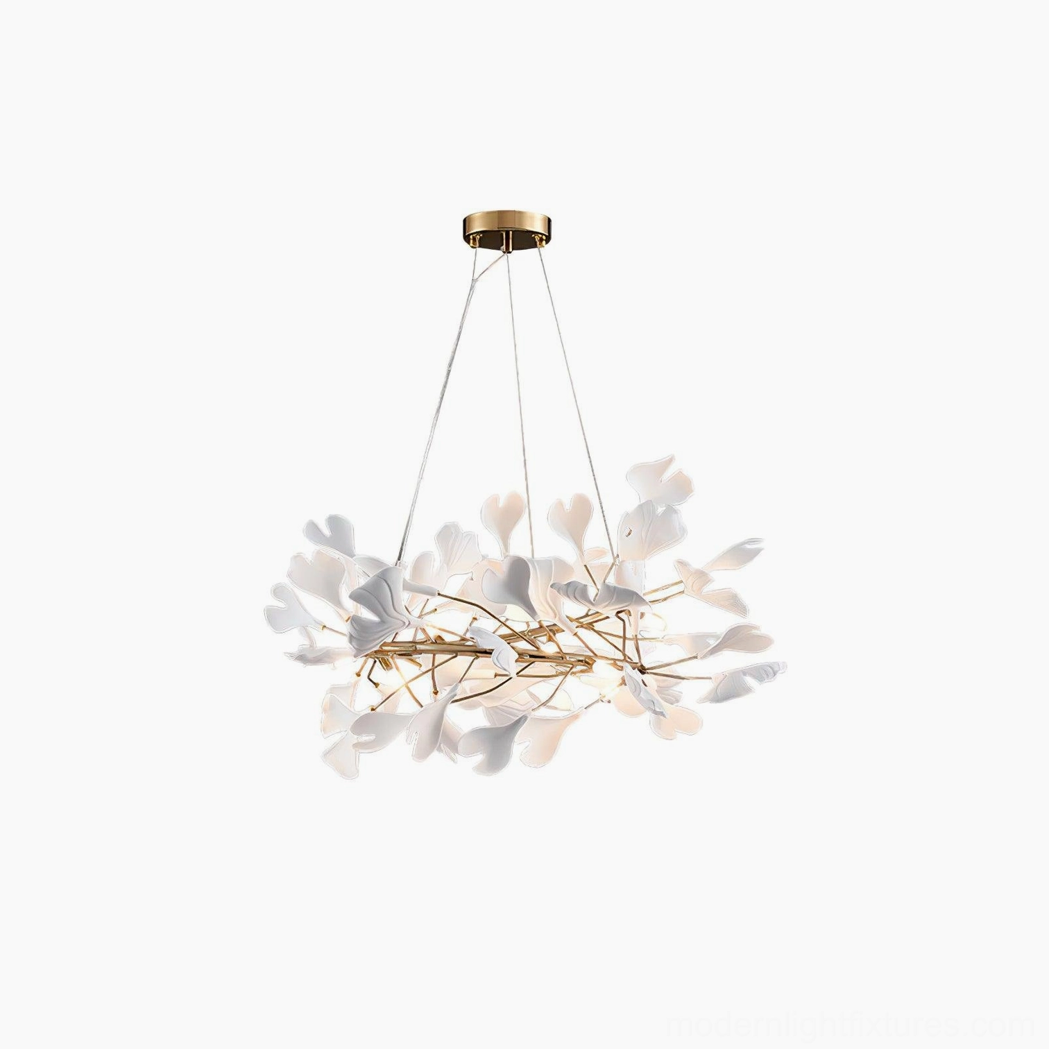 Full view of ginkgo leaf U-style chandelier with multiple white ceramic leaves