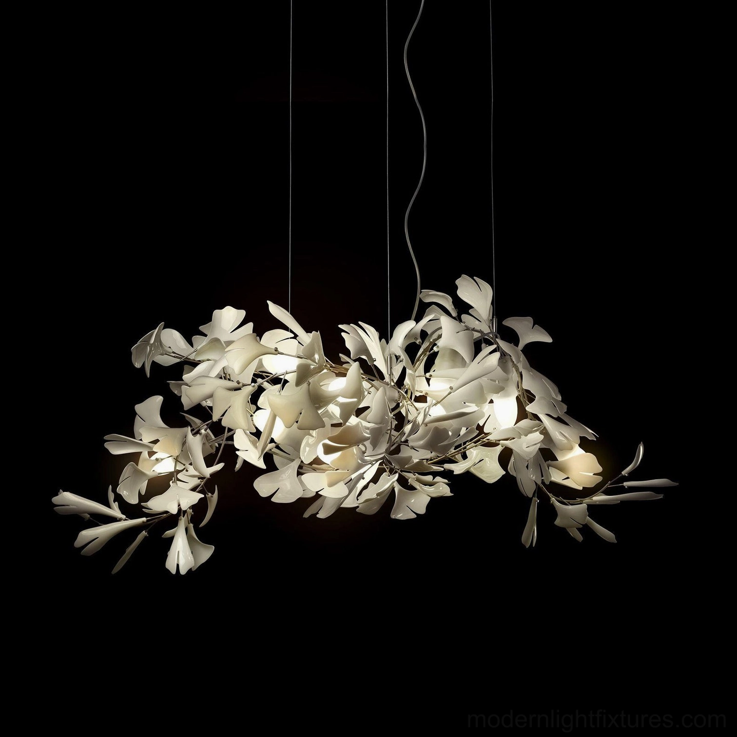 Ginkgo leaf chandelier gold body option with warm metallic finish and white ceramic leaf shades