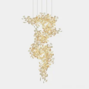 Ginkgo leaf pendant chandelier with warm gold ceramic finish displayed in front view on white background