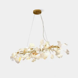 Ginkgo leaf linear chandelier with gold metal frame and white ceramic shade details, front low-angle studio view