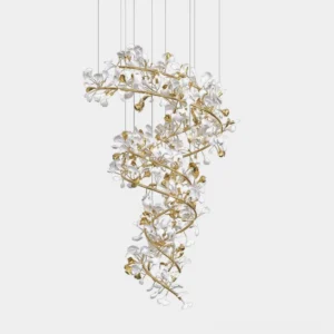 Ginkgo leaf crystal pendant chandelier with gold metal frame and white ceramic leaves, frontal view against white background
