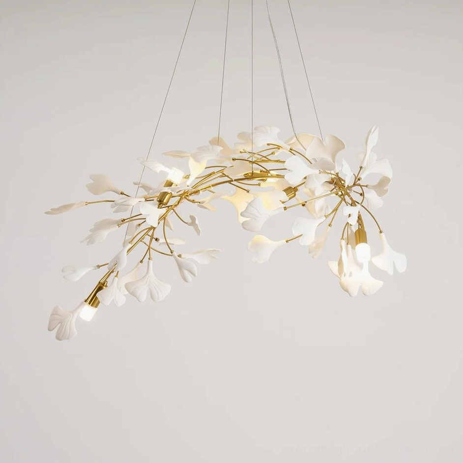 Ginkgo leaf chandelier gold finish metal framework with ceramic leaves arrangement