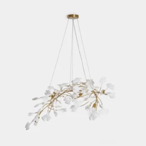 Ginkgo leaf chandelier front view with gold metal branches and white ceramic leaves on studio white background
