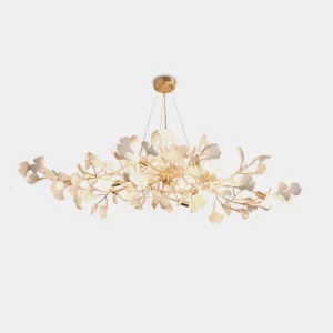 Modern ginkgo leaf chandelier in gold finish with white ceramic leaves, front studio view showing linear arrangement and light diffusion