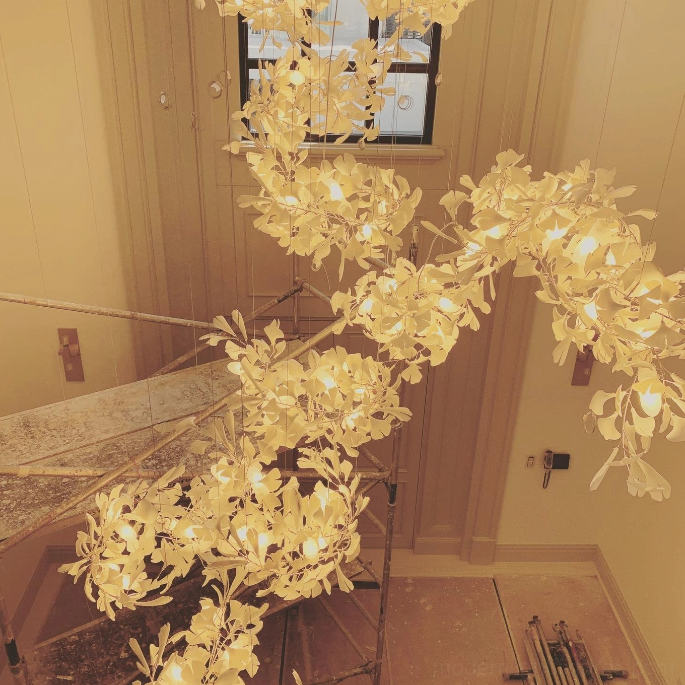 Ginkgo leaf chandelier with Japanese-influenced botanical symbolism and East Asian design elements