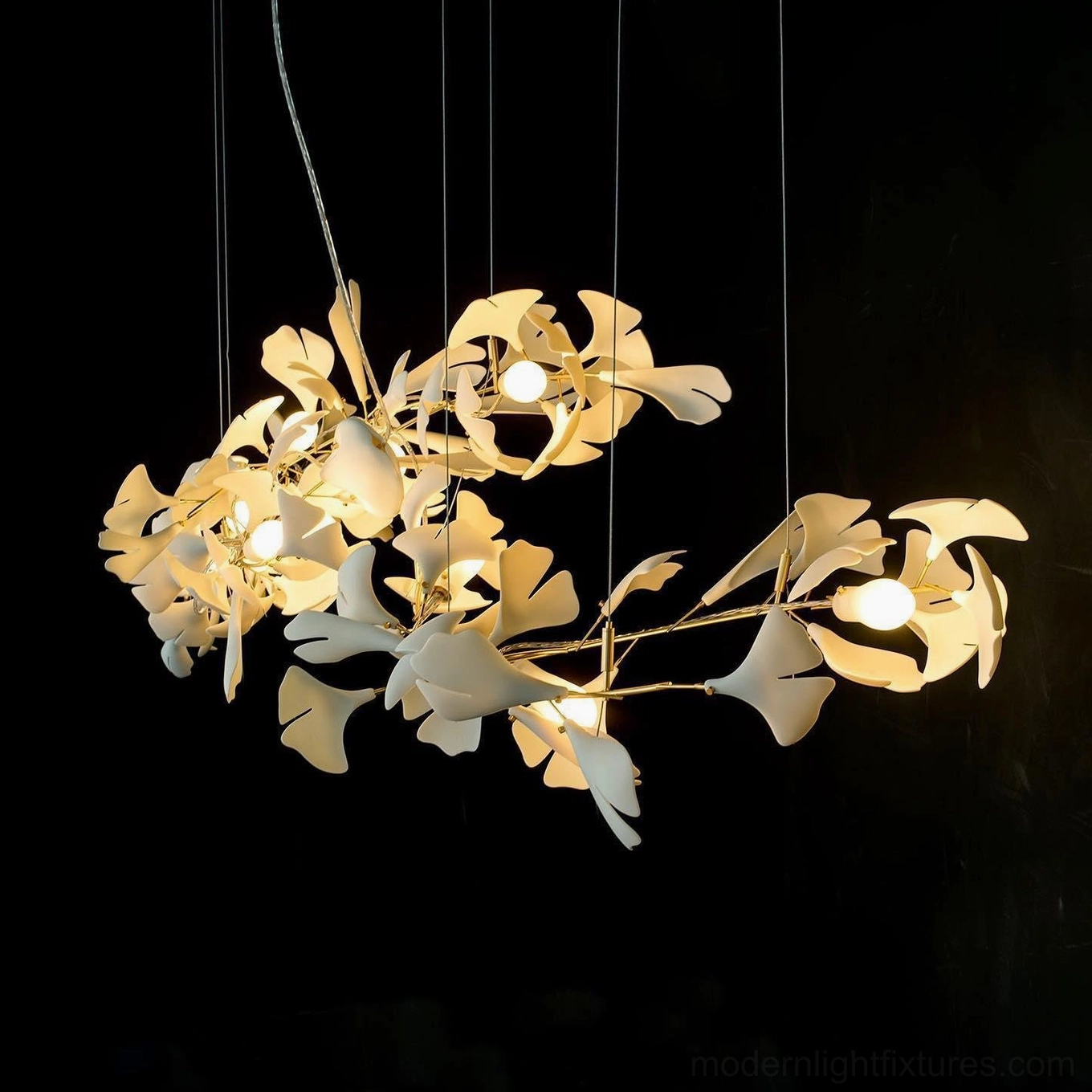 Ginkgo leaf chandelier illuminated with warm glowing lights and gold metal framework against black background