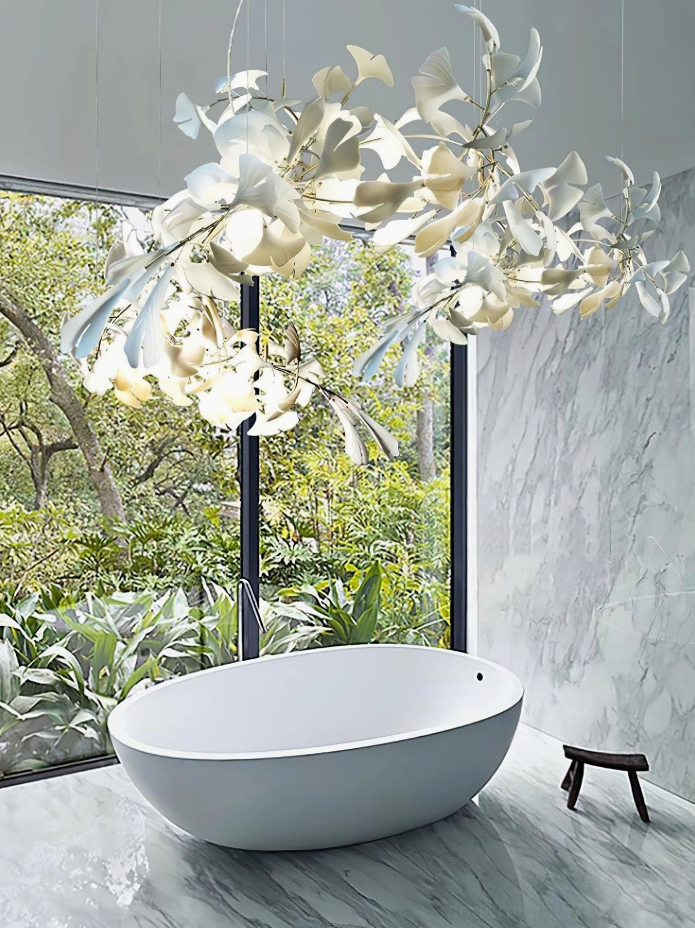 Ginkgo leaf chandelier luxury residential penthouse installation creating sophisticated artistic ambiance