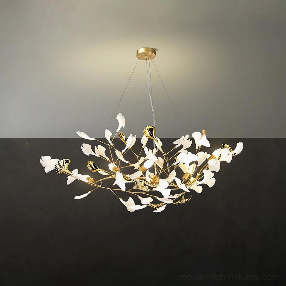 Modern ginkgo leaf ceramic chandelier - medium size option with white leaves and gold or nickel metal frame