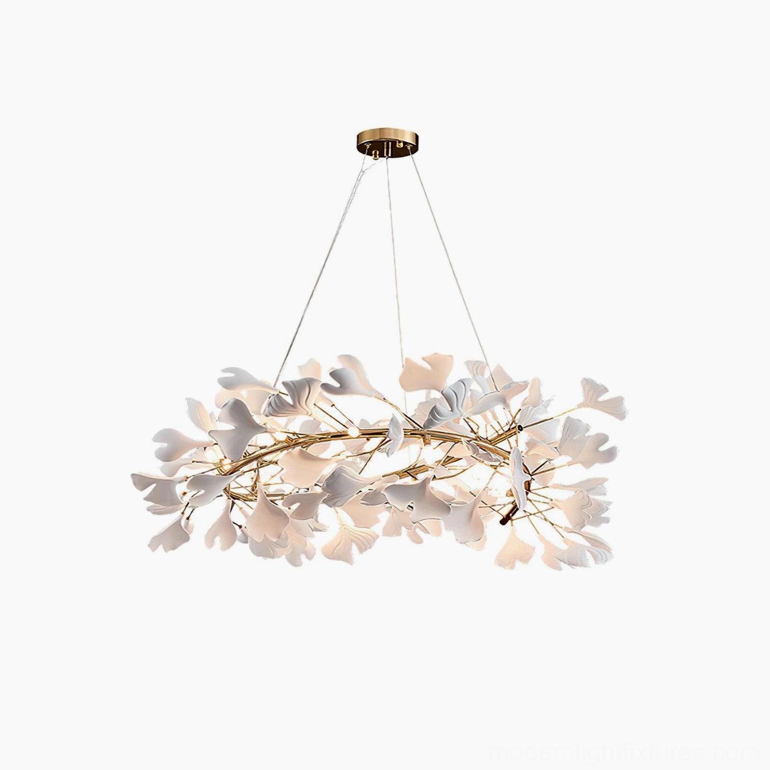 Contemporary ginkgo leaf chandelier in sophisticated interior with metal branch details