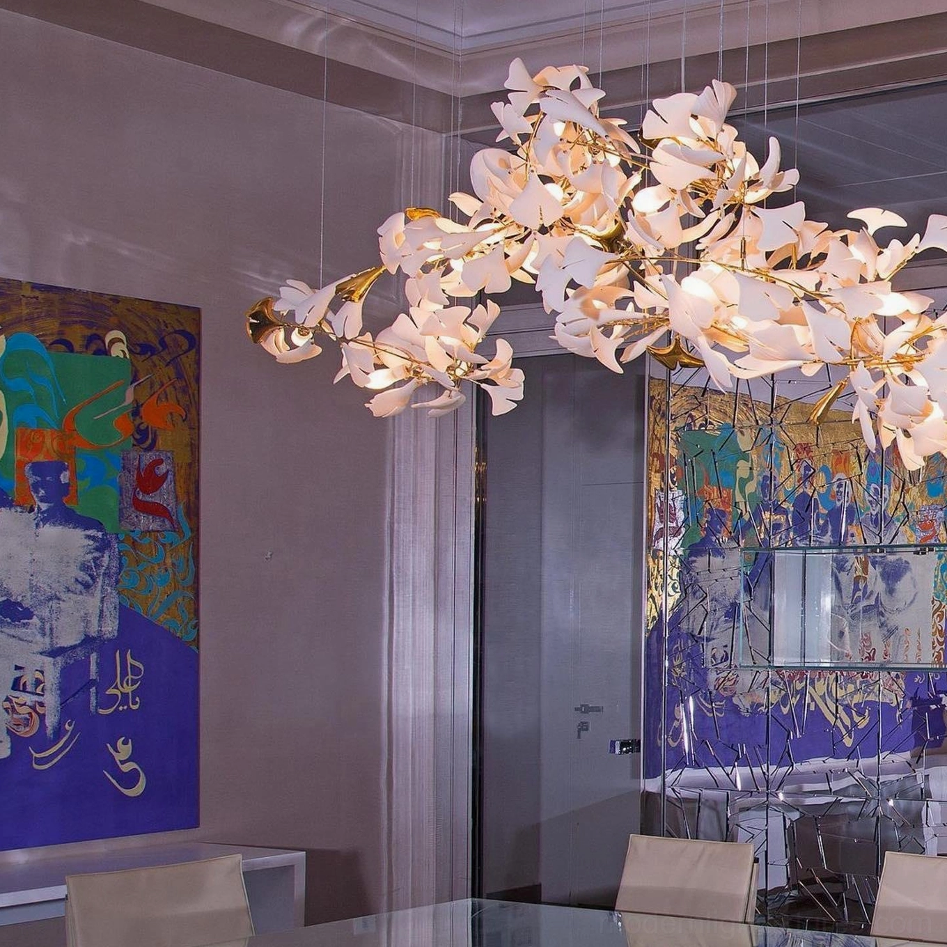 Ginkgo leaf chandelier metal branch framework and adjustment mechanism for customizable span and positioning