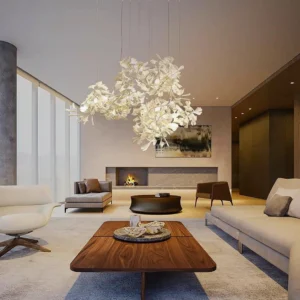 Ginkgo leaf pendant chandelier installed in modern high-end living room with warm ambient lighting