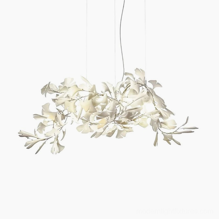 Ginkgo leaf chandelier nickel body with white ceramic leaves neutral metallic finish