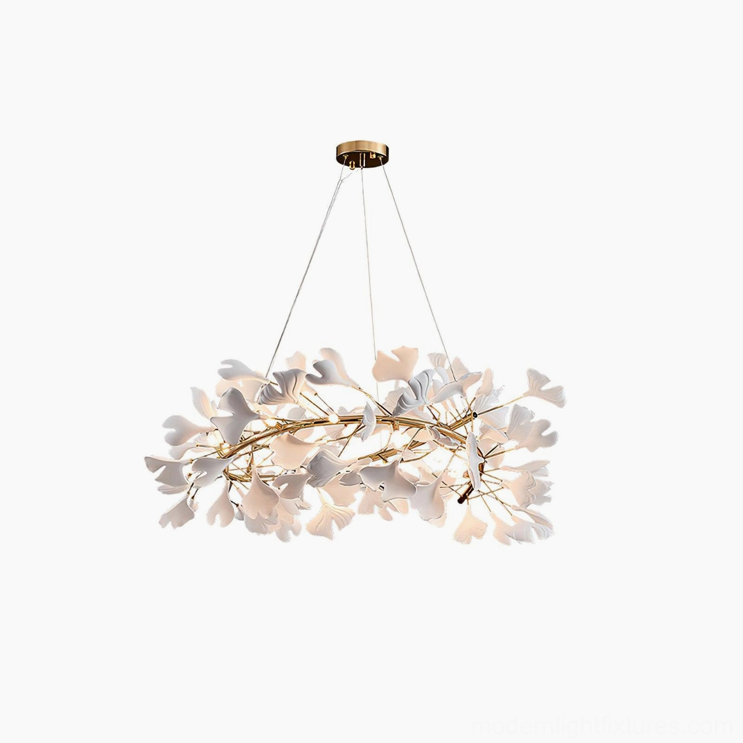 Ginkgo leaf pendant light with nickel finish and white ceramic leaf accents