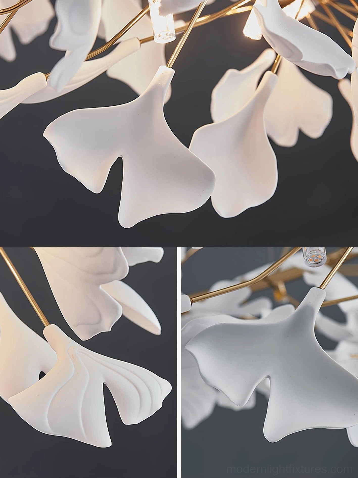 Ginkgo leaf chandelier with nickel metal frame and clustered white ceramic leaves