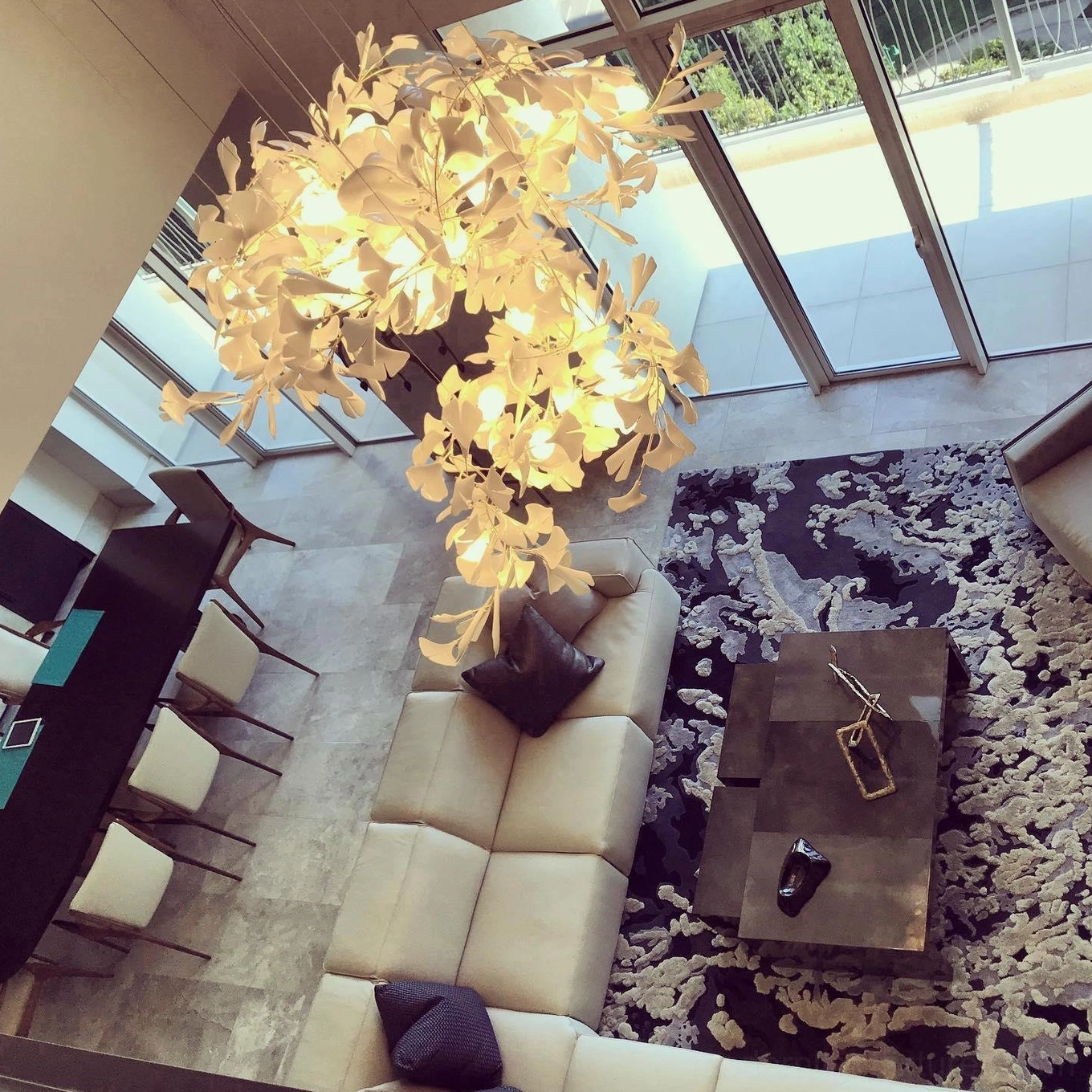 Ginkgo leaf chandelier nickel finish with white ceramic leaves installation example