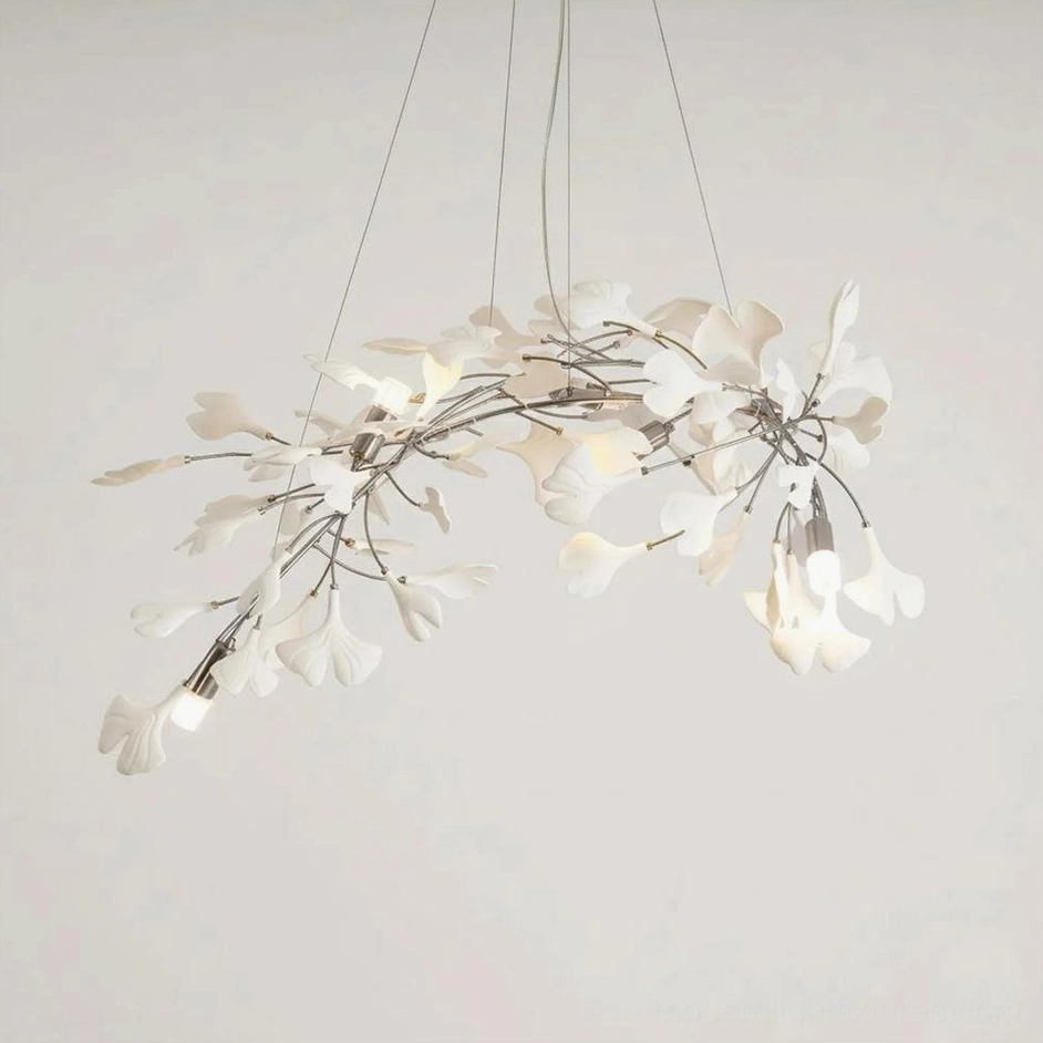 Ginkgo leaf chandelier nickel body with white ceramic leaves contemporary finish