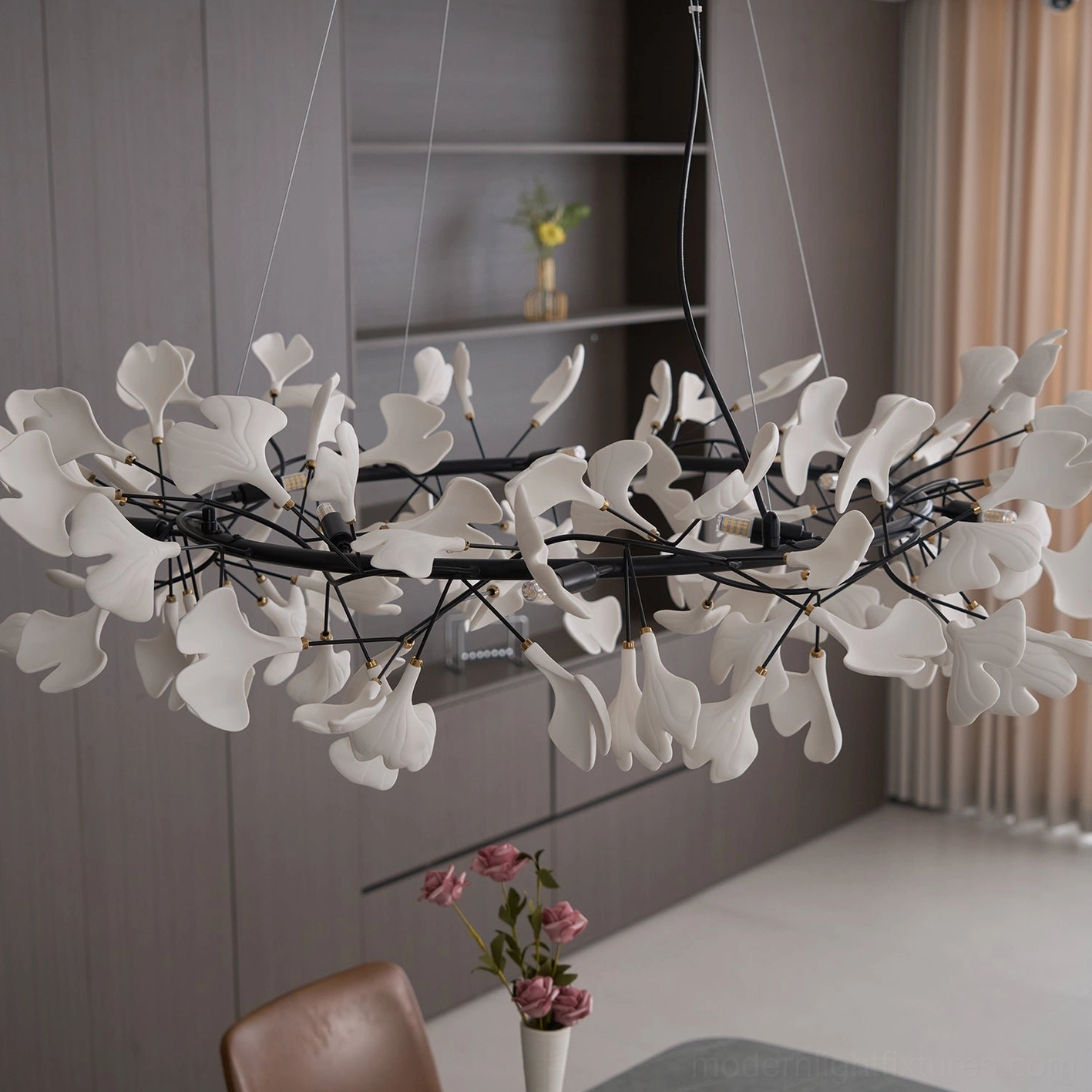 Ginkgo leaf chandelier O with adjustable metal branches and white ceramic leaf shades