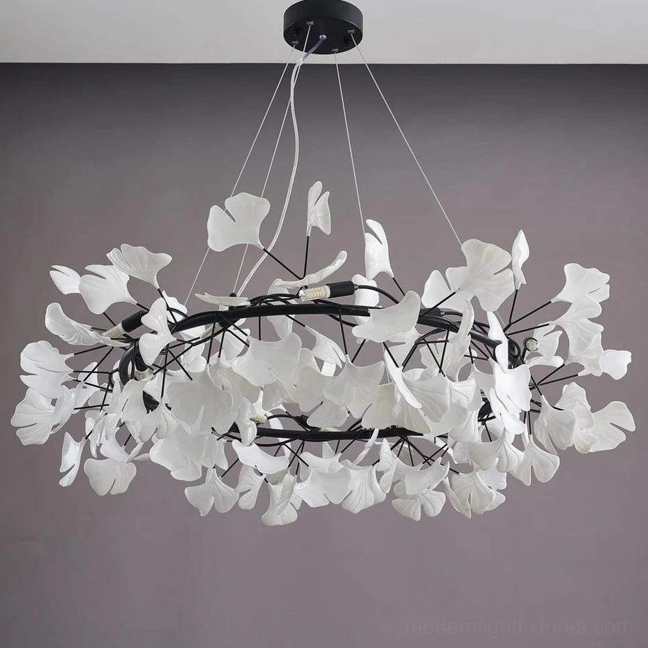 Ginkgo leaf chandelier O black body white ceramic leaves elegant contrast lighting