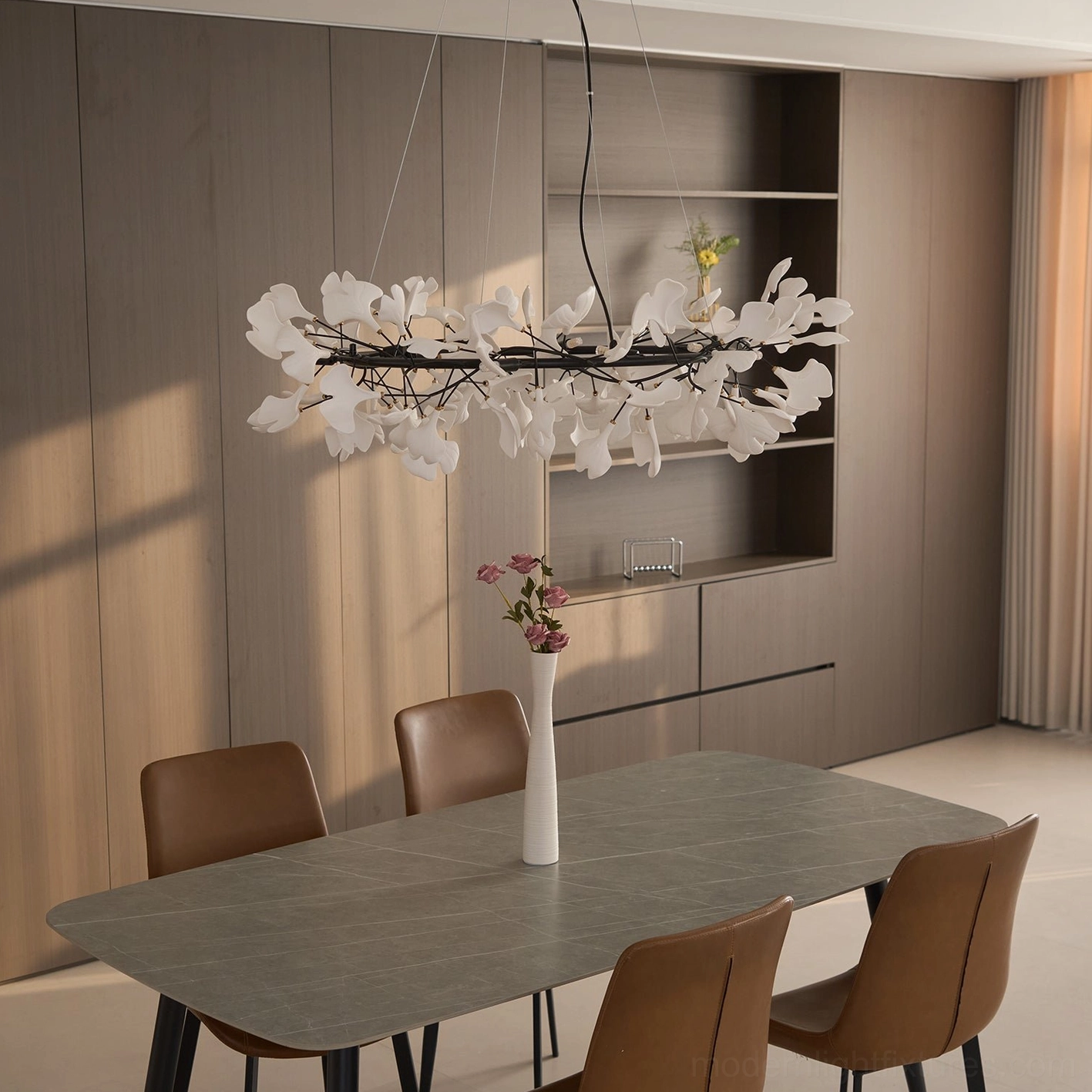 Ginkgo leaf chandelier O series botanical leaf pattern and ceramic shade construction