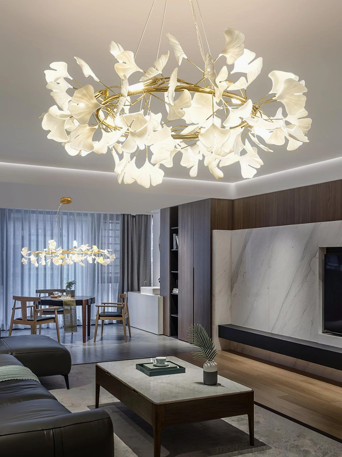 Ginkgo leaf chandelier O decorative art piece lighting fixture cultural botanical reference