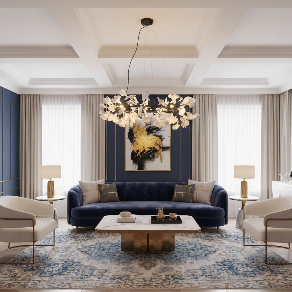 Ginkgo leaf chandelier O with gold hardware and creamy ceramic shades in high-end luxury living room setting