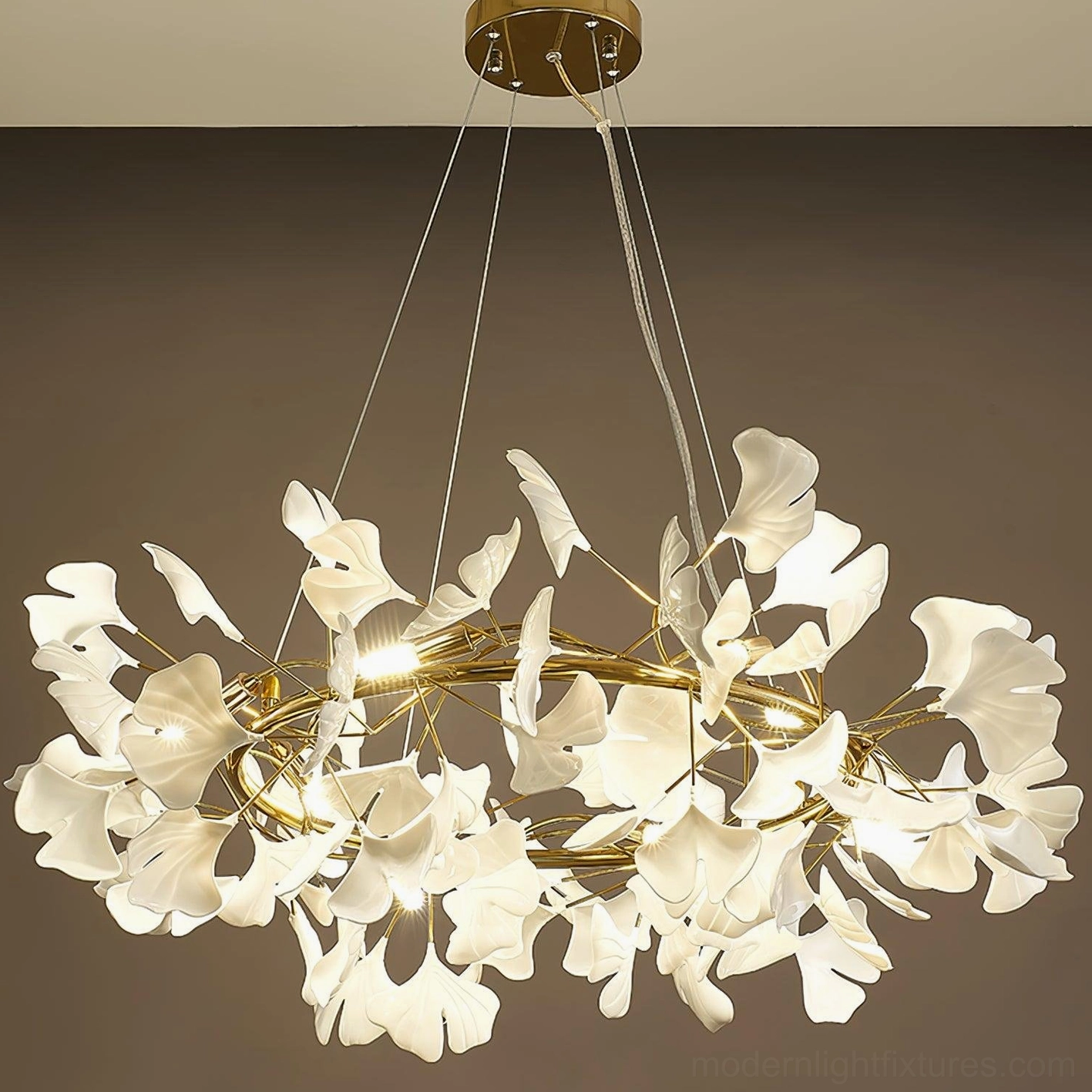 Ginkgo leaf chandelier O with gold finish metal frame premium luxury appearance