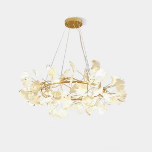 Ginkgo leaf chandelier O series with gold metal frame and creamy white ceramic leaves in modern luxury studio lighting