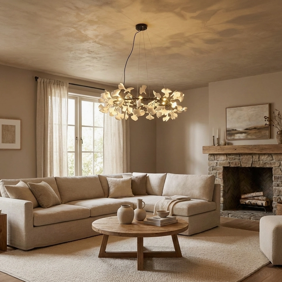 Ginkgo leaf chandelier O illuminated showing warm light diffusion through ceramic leaves