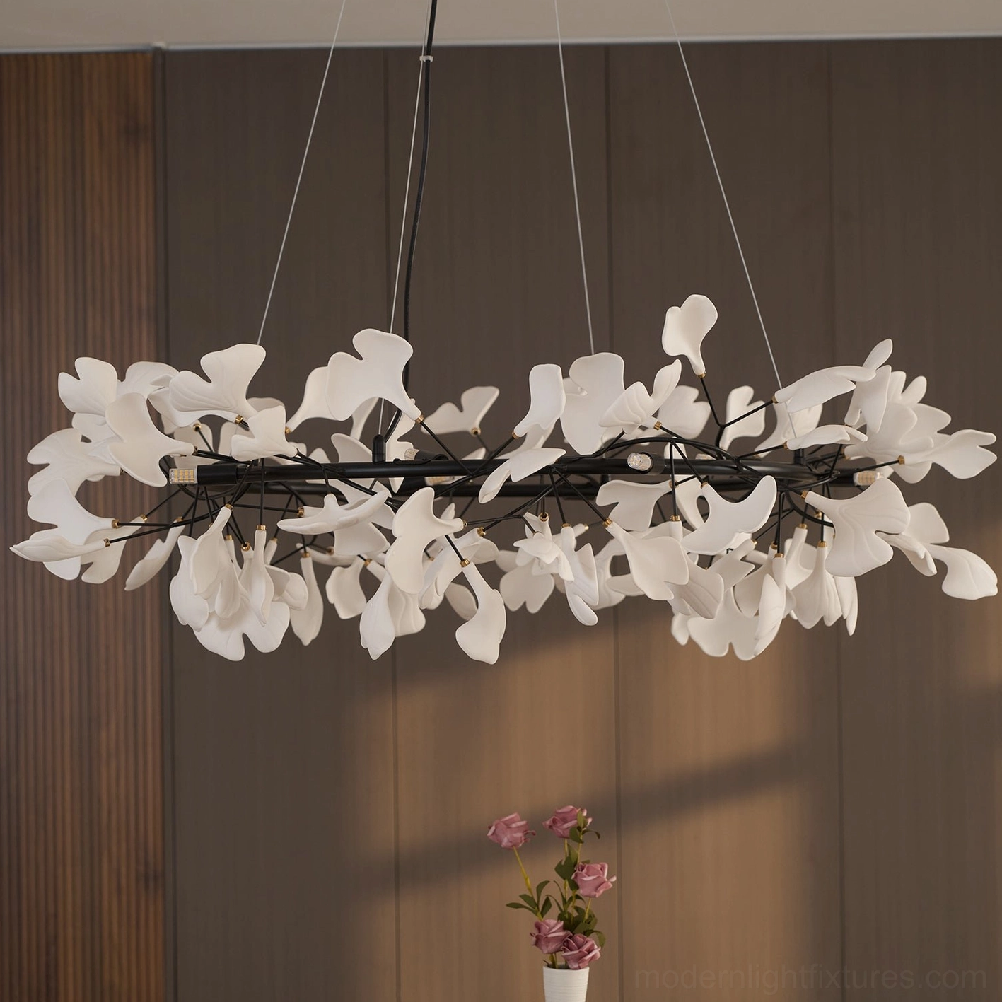 Ginkgo leaf pendant chandelier O mid-century modern transitional design aesthetic