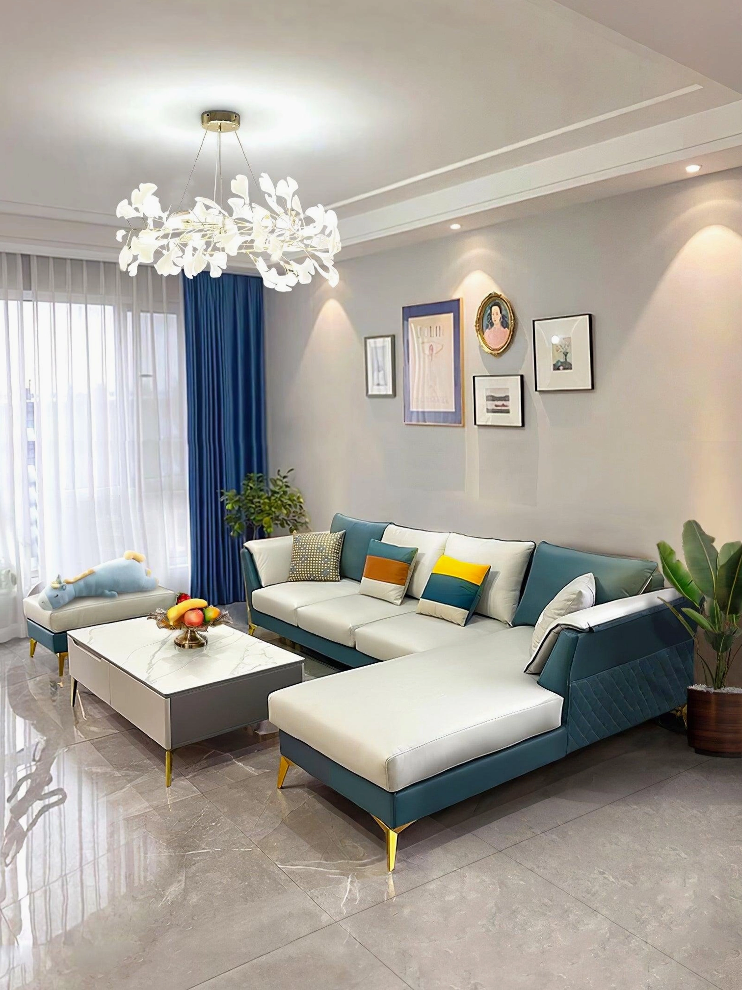 Ginkgo leaf chandelier O modern dining room setting warm illumination ambiance