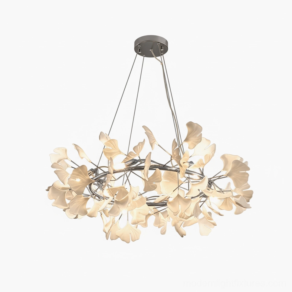 Ginkgo leaf chandelier O nickel finish white ceramic leaves contemporary elegance