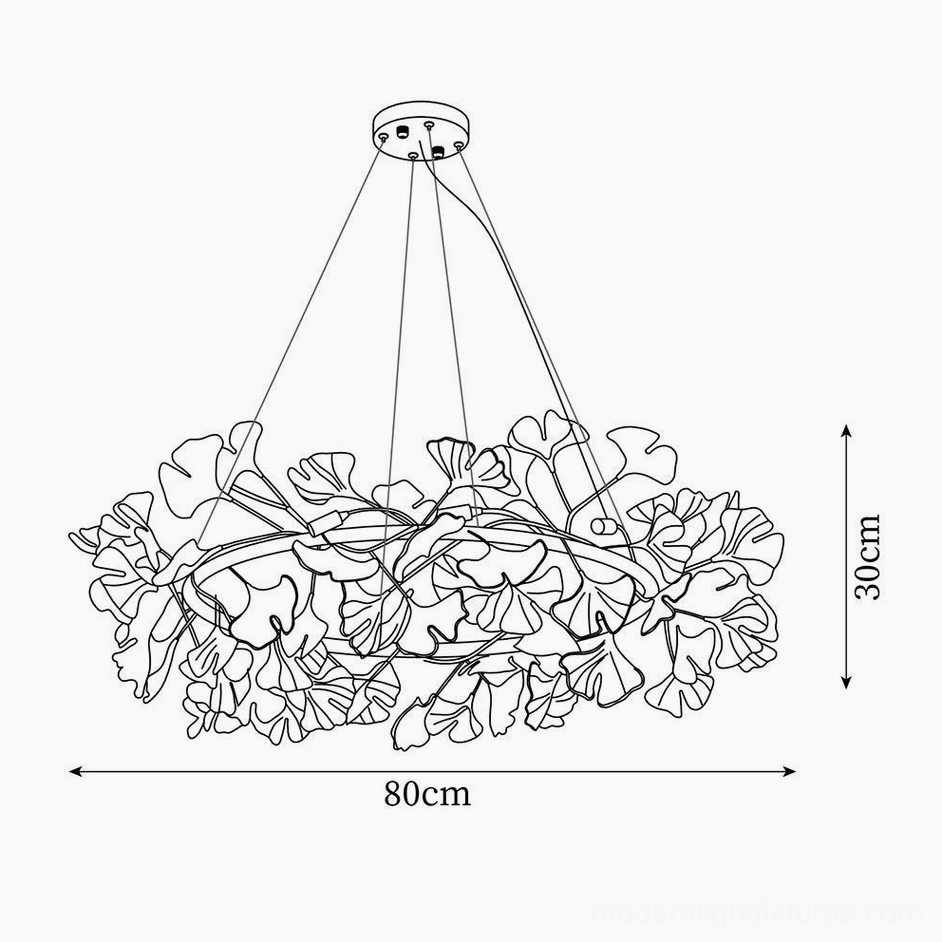 Technical line drawing ginkgo leaf chandelier O large size 80cm diameter 30cm height measurement schematic